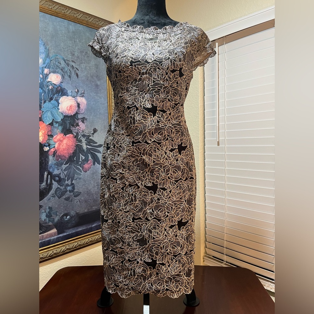 Joseph Ribkoff Gold Lace Sheath Dress